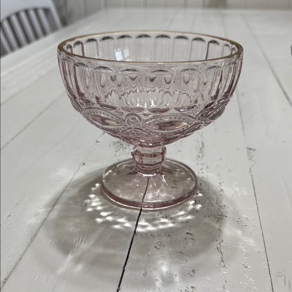 Elegant Pink depression Glass Goblet Gold Rimmed “Eye Winker” Dessert Bowl